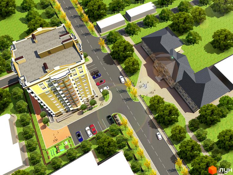 Зображення Житлового комплексу Дипломат з висоти пташиного польоту. На фото будівля та прибудинкова територія з дитячим майданчиком.