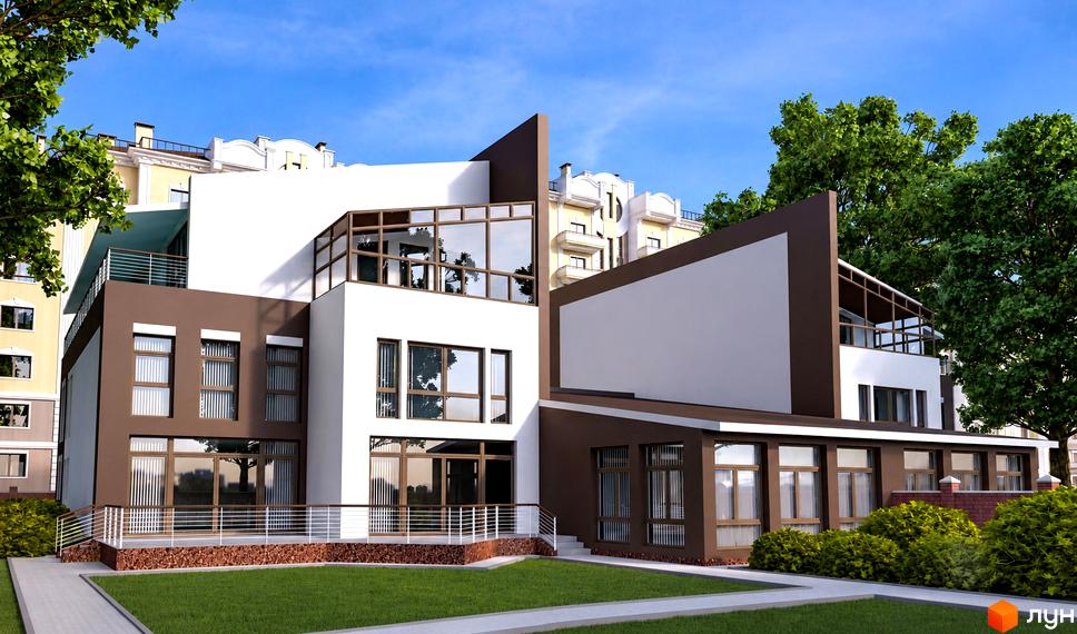 Сучасна двоповерхова будівля КМ FEOFANIA COTTAGE з панорамними вікнами та доглянутим газоном на прибудинковій території.