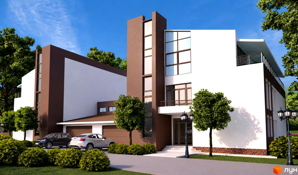 Котеджне містечко FEOFANIA COTTAGE: білий двоповерховий будинок з коричневими акцентами, гаражем та двома деревами на доглянутій території.