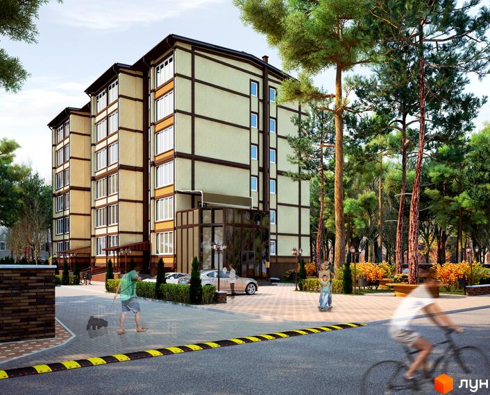 Зображення фасаду та прибудинкової території Житлового комплексу Яснополянський. Багатоповерховий будинок з великими вікнами та зеленими насадженнями навколо.