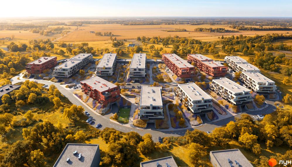 Архітектура малоповерхових будівель ЖК Greenville Prostir та зелена прибудинкова територія.