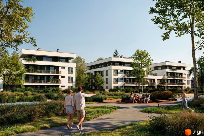Білі будинки новобудови Eco City Park з балконами та зелений двір із доріжками й людьми.