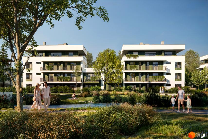 Білі будинки житлового комплексу Eco City Park з зеленими акцентами та балконами виходять на озеленену прибудинкову територію з озером і доріжками.