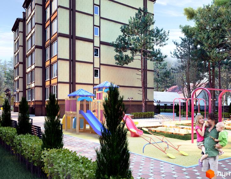 Зображення фасаду та прибудинкової території Житлового комплексу Яснополянський. На території дитячий майданчик та зелені насадження.