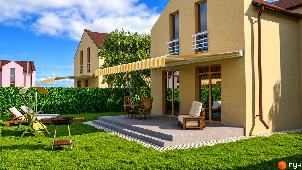 Двоповерховий будинок котеджного містечка КМ Sunny Village із терасою, тентом та доглянутим подвір'ям.