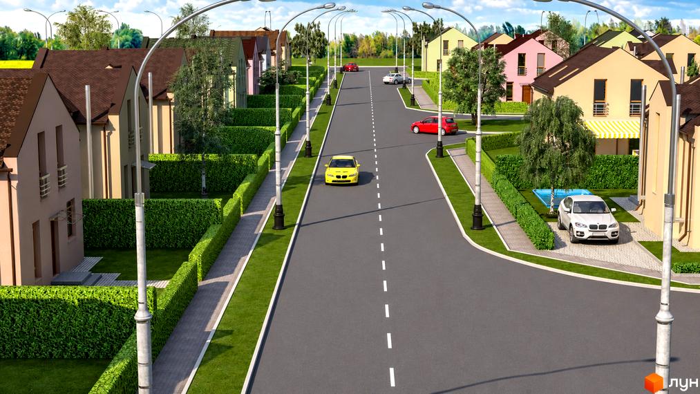 Котеджне містечко Sunny Village: світлі будинки з коричневими дахами, широка дорога, зелені насадження та ліхтарі уздовж вулиці.