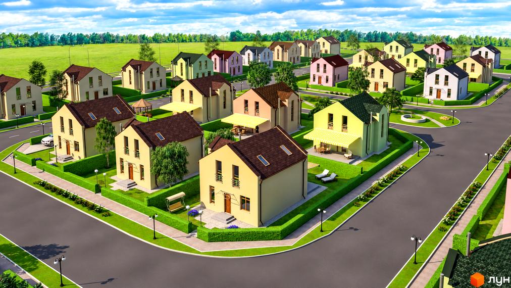 Котеджне містечко Sunny Village: жовті двоповерхові будинки з коричневими дахами та доглянуті зелені прибудинкові території з огорожами.