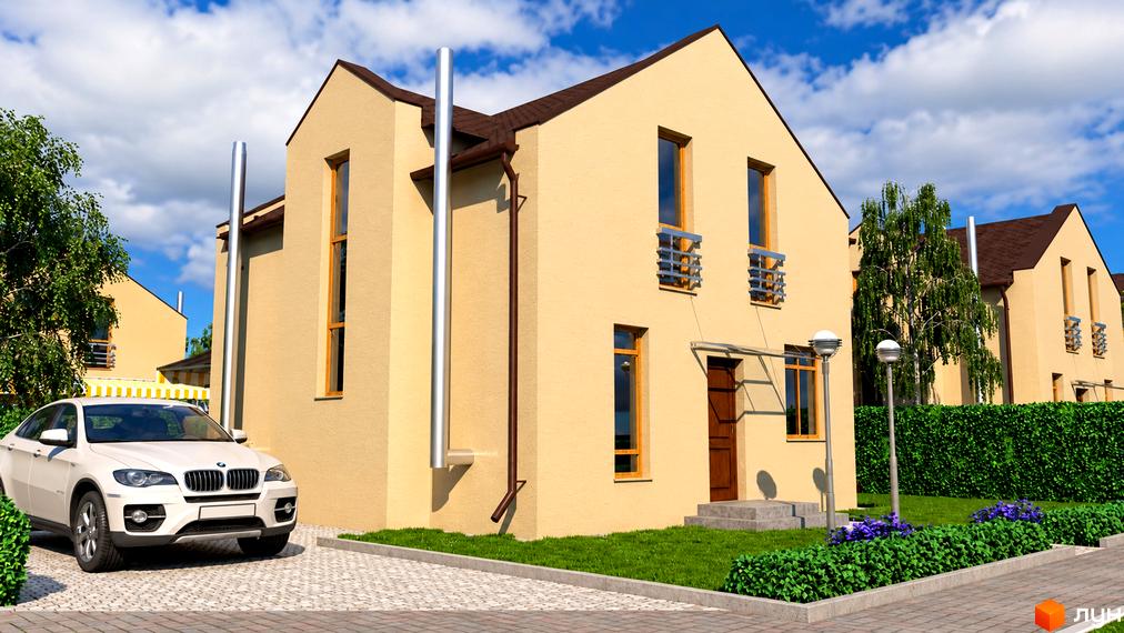 Двоповерховий котедж в КМ Sunny Village із бежевим фасадом та білим автомобілем поруч.