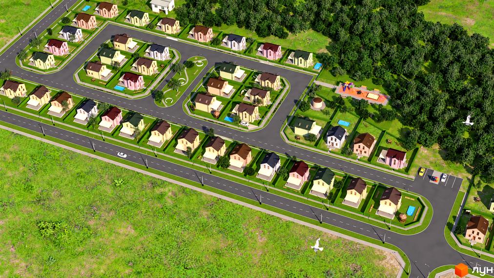 Котеджне містечко Sunny Village з різнокольоровими будинками та облаштованою прибудинковою територією.