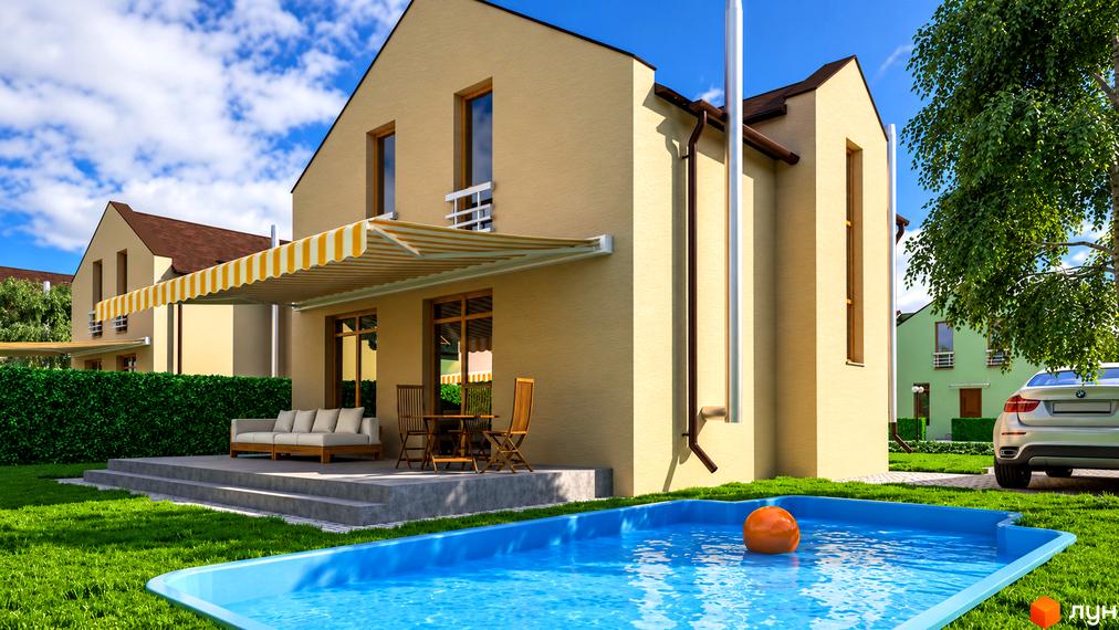 Котеджне містечко Sunny Village: бежевий двоповерховий будинок з терасою та навісом, біля якого розташований басейн із помаранчевою кулею.