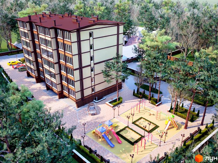 Зображення житлового комплексу Яснополянський. Багатоповерховий будинок з коричневим дахом та світлими фасадами. На території є дитячий майданчик та місця для паркування.