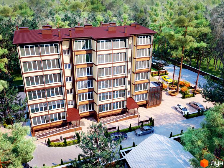 Новобудова ЖК Яснополянський з фасадом бежево-коричневого кольору та темно-червоним дахом. Прибудинкова територія з деревами, лавками та автомобілями.