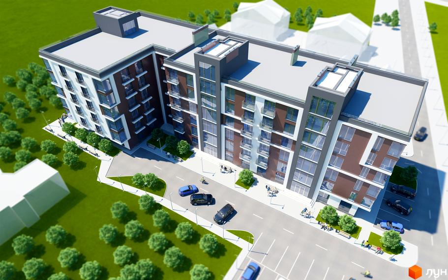 Зовнішній вигляд новобудови ЖК Forest-Lviv з балконами та великими вікнами. Навколо будинку розташовані зелені насадження та доглянута прибудинкова територія з місцями для відпочинку.