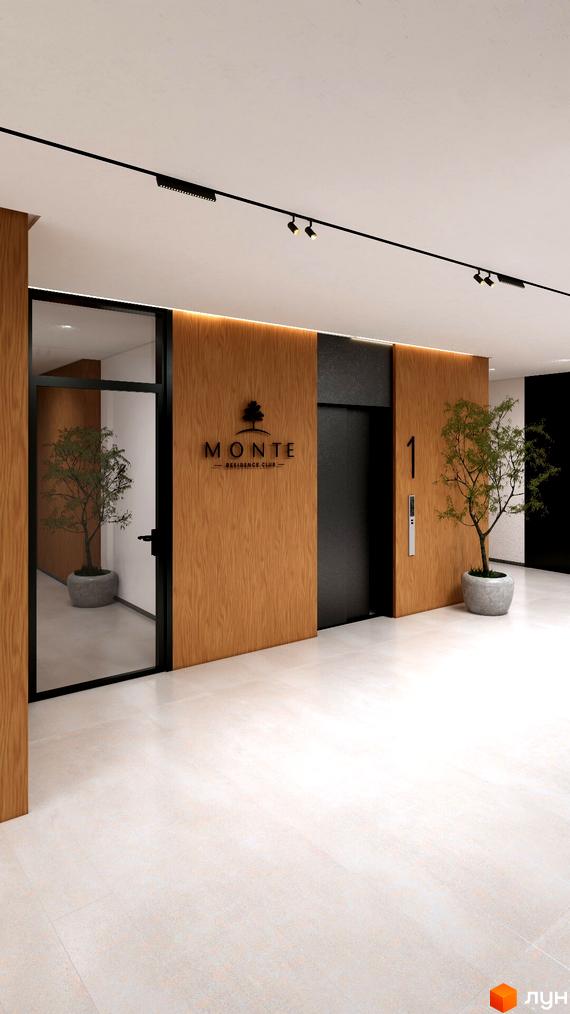 Інтер'єр холу житлового комплексу MONTE Residence Club з деревом у вазоні біля ліфта та скляними дверима.