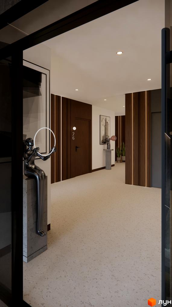 Інтер'єр холу житлового комплексу MONTE Residence Club з дизайнерською скульптурою та дерев'яними панелями.