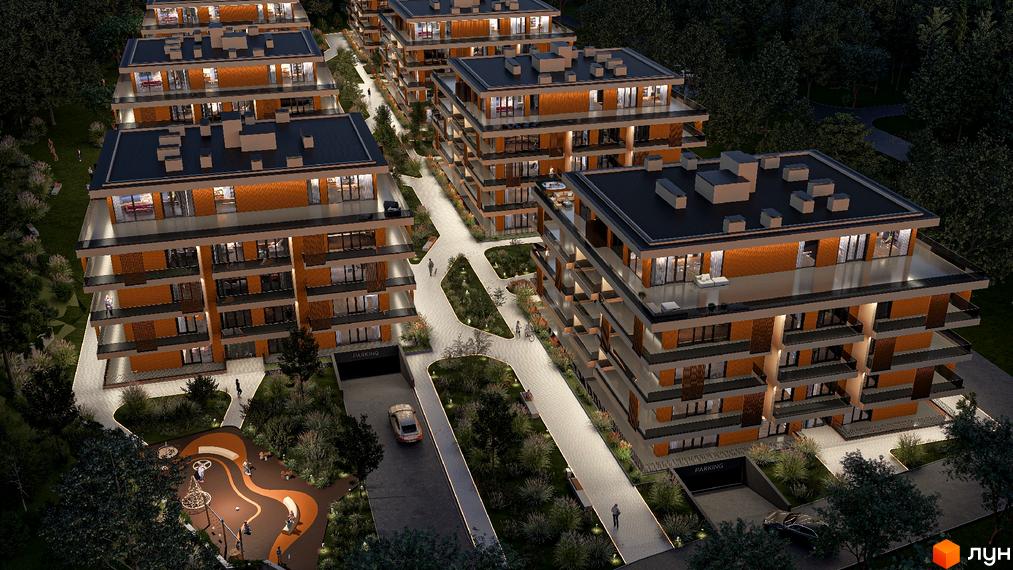 Архітектура та прибудинкова територія новобудови MONTE Residence Club з нічним освітленням.