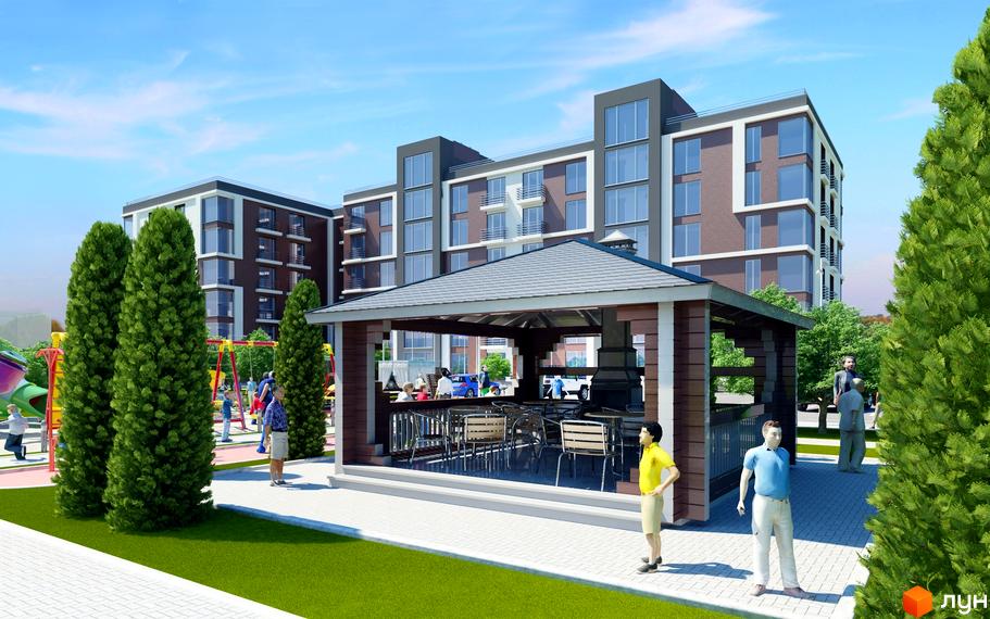 Житловий комплекс Форест-Львів з зоною відпочинку та дитячим майданчиком. Сучасна архітектура новобудови та облаштована прибудинкова територія.