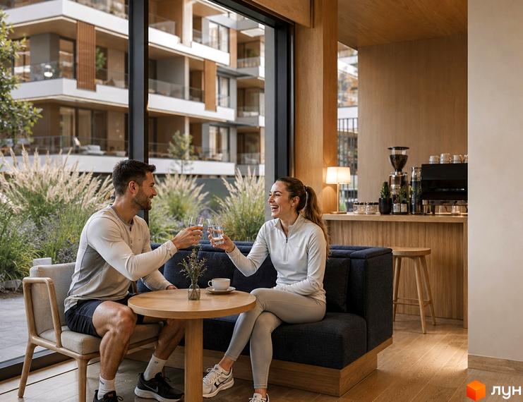 Фасад новобудови MONTE Residence Club з панорамним склінням, доповнений затишним внутрішнім двором із зеленими насадженнями.