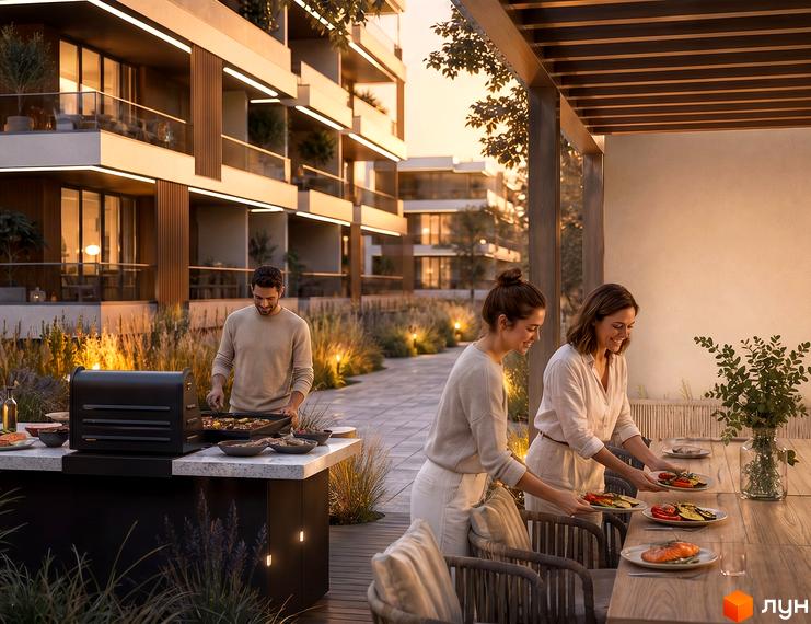 Фасад новобудови MONTE Residence Club з терасою для відпочинку та прибудинковою територією з ландшафтним дизайном.