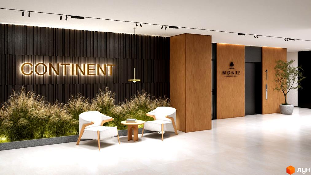 Лобі житлового комплексу MONTE Residence Club з неоновим написом CONTINENT, зонами відпочинку та ліфтовим холом. Сучасний дизайн інтер'єру з дерев'яними панелями та рослинністю.