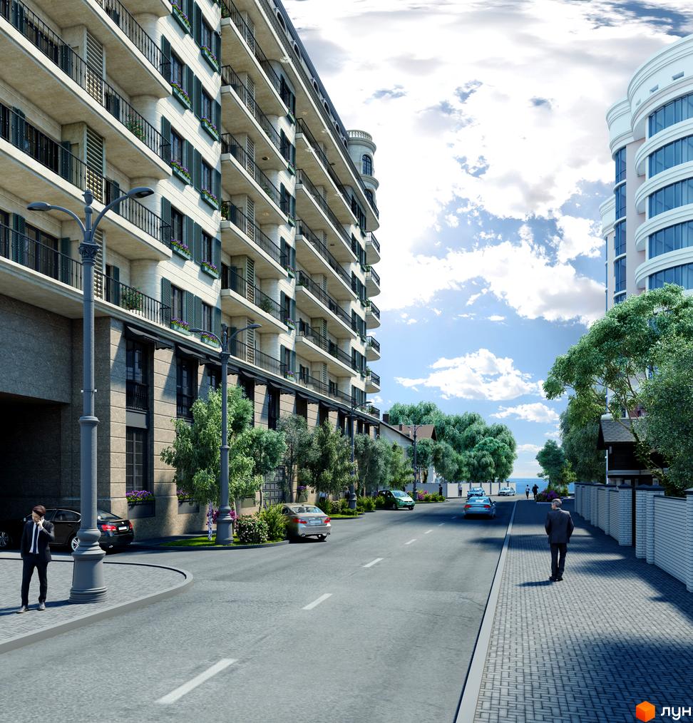 Клубний будинок Graf - елегантна архітектура з балконами та колонами, вулиця з тротуаром та деревами, вид на море.