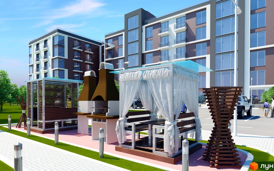 Житловий комплекс Форест-Львів. Сучасні будинки з балконами та великими вікнами. На прибудинковій території розташовані зони для відпочинку з альтанками та мангалами.