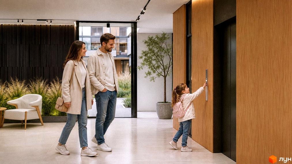 Затишне лобі Житловий комплекс MONTE Residence Club із дерев'яною обробкою стін, ліфтом та виходом у внутрішній двір з озелененням.