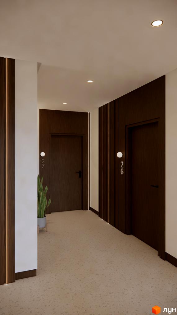 Коридор новобудови MONTE Residence Club з темними дверима та номерами квартир.