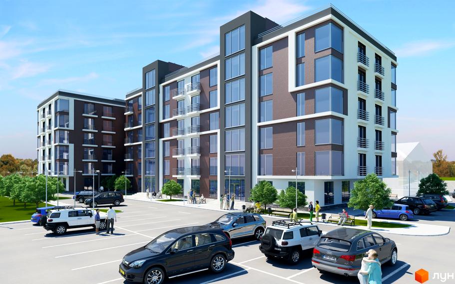 Зовнішній вигляд новобудови ЖК Forest Львів з парковкою та зеленими зонами. Комплекс має багатоповерхові будівлі з балконами та великими вікнами.