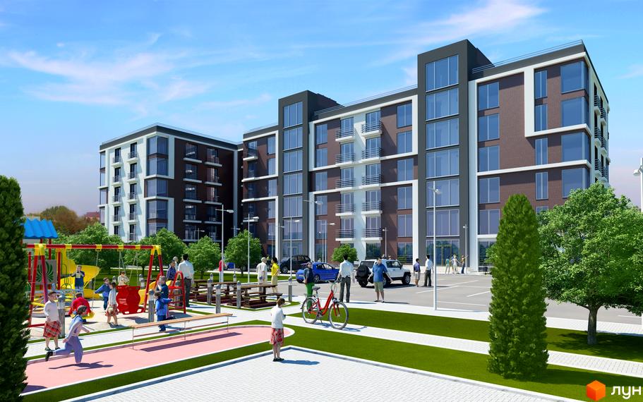 Житловий комплекс Форест-Львів з цегляним фасадом та великими вікнами. На прибудинковій території дитячий майданчик та місця для відпочинку.