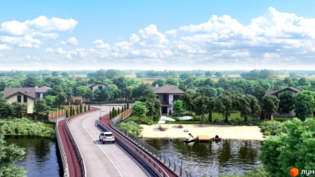 Котеджне містечко КМ Плюти. Будинки з сірими дахами та світлими фасадами, розташовані біля річки з піщаним пляжем та зоною відпочинку.