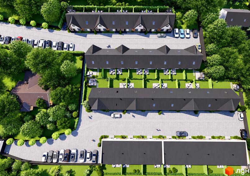 Котеджне містечко KМ Family Garden: вид зверху на ряди будинків з сірими дахами та зелені подвір'я з місцями для відпочинку. Навколо багато дерев та розташовані паркомісця.