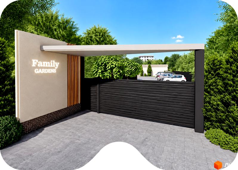 Котеджне містечко Family Gardens: сучасний в'їзд з брамою та паркуванням. Озеленена територія з деревами та кущами.