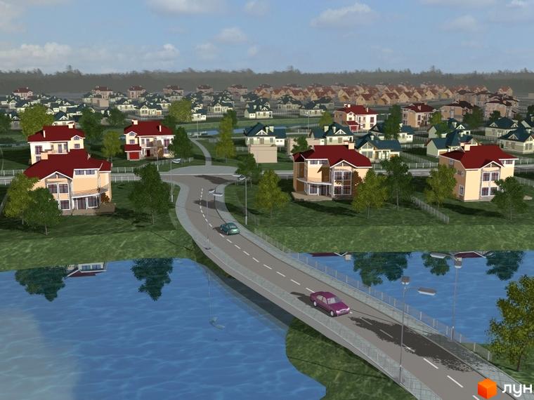 Котеджне містечко Плюти: двоповерхові будинки з червоними дахами та світлими фасадами, розташовані біля водойми з відображенням будинків. Навколо зелена територія з деревами та дорогою, що веде до комплексу.