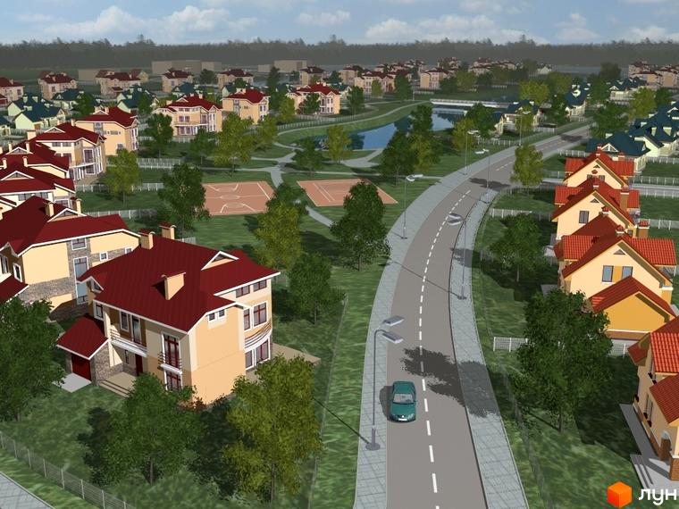 Котеджне містечко Плюти: сучасні будинки з червоними дахами та доглянутою прибудинковою територією з дорогою та спортивними майданчиками.