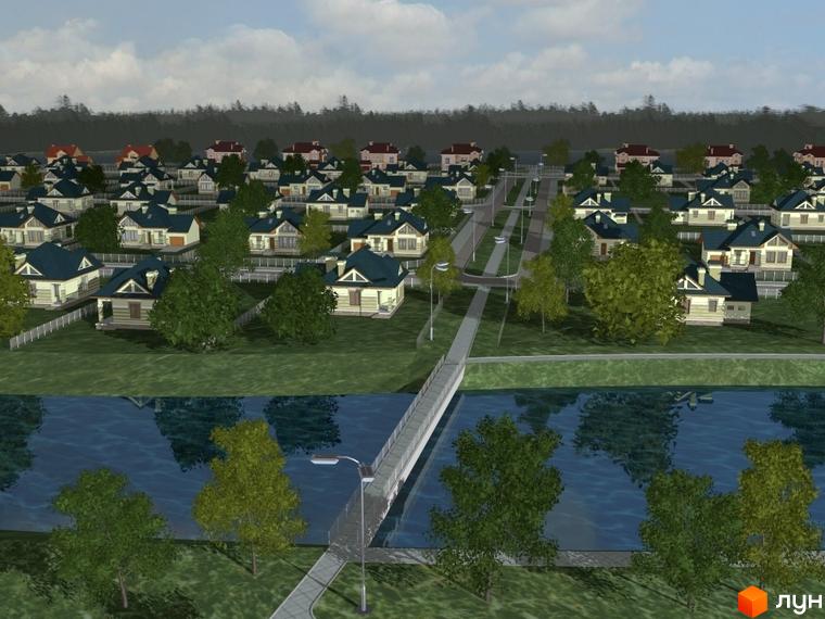 Котеджне містечко КМ Плюти. Візуалізація затишних будинків з зеленими ділянками та річкою.