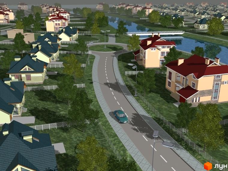 Котеджне містечко Плюти: візуалізація житлового комплексу з будинками та доглянутою прибудинковою територією з дорогою та деревами.