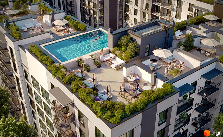 Житловий комплекс Park Residence з каскадною архітектурою та експлуатованим дахом із басейном і зонами відпочинку.