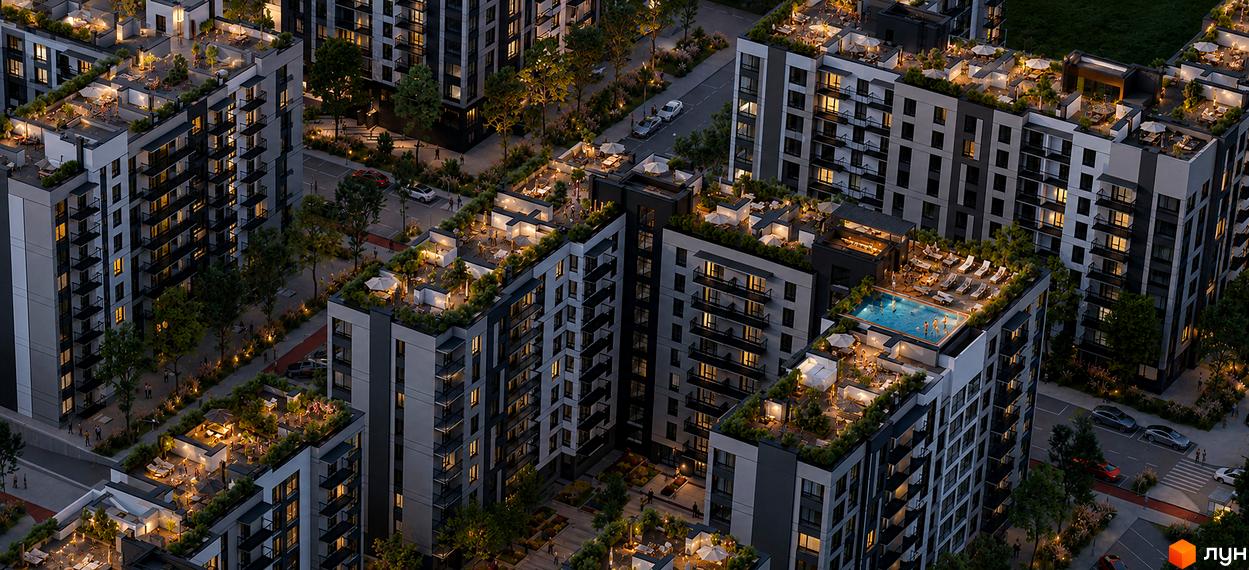 Житловий комплекс Park Residence: багатоповерхові будинки з балконами, освітленими вікнами та зеленими терасами на дахах, з басейном та зонами відпочинку. Прибудинкова територія озеленена.