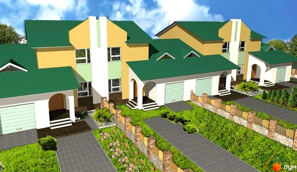 Зовнішній вигляд житлового комплексу КМ Академічний з зеленими дахами та прибудинковою територією з квітами та газонами.