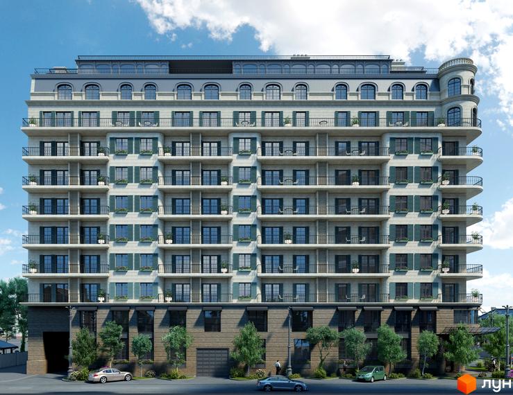 Клубний будинок Graf – це багатоповерхова новобудова з балконами та архітектурними елементами. Навколо будинку розташовані дерева та облаштована прибудинкова територія.