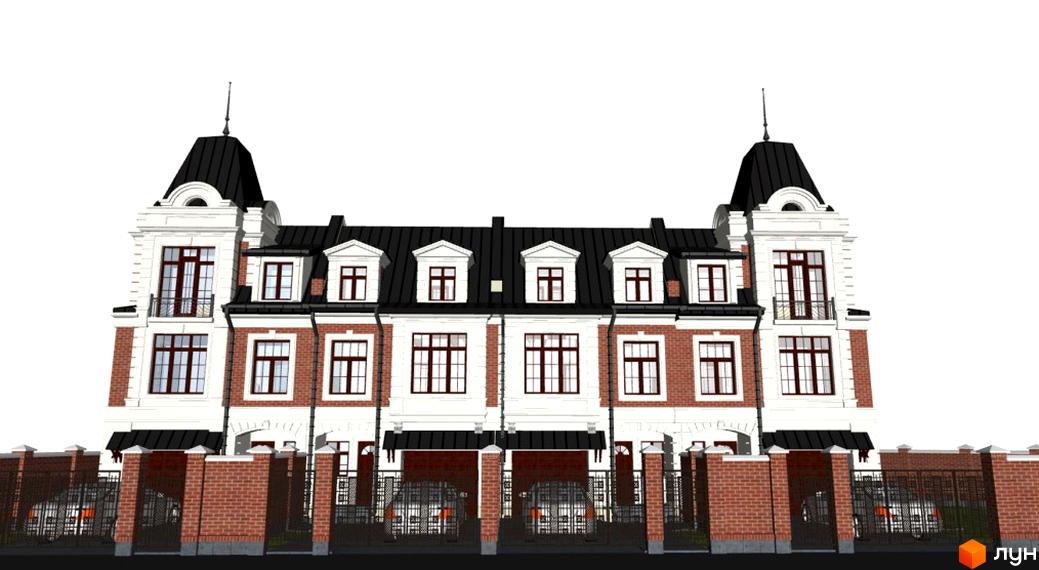 Таунхаус Манчестер: триповерхові цегляні будинки з білими елементами та чорним дахом. Огороджена територія з цегляними парканами та кованими воротами.