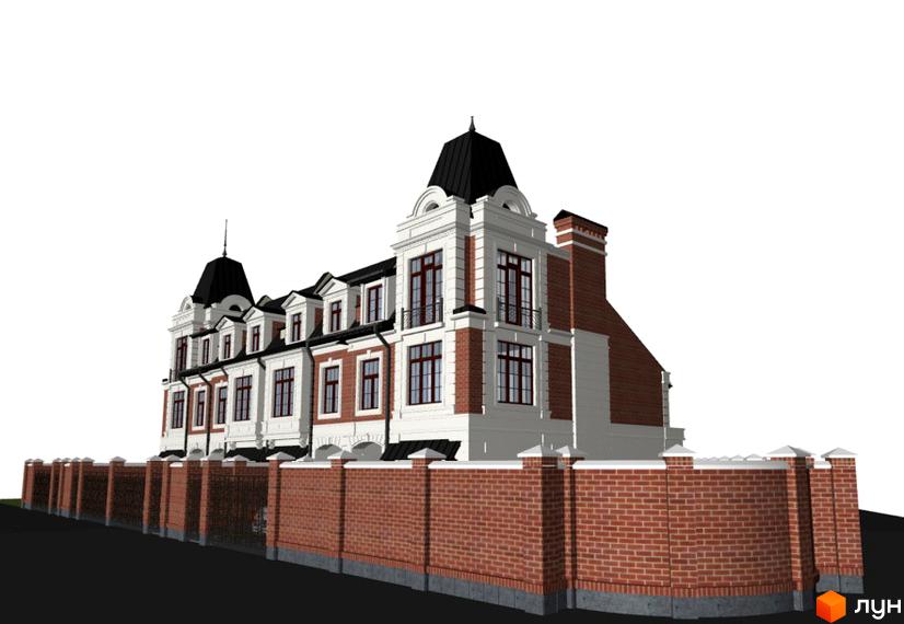 Таунхаус „ Манчестер“ з цегляною огорожею. Фасад будинку оздоблений білою штукатуркою та червоною цеглою, має багато вікон та башти з чорним дахом.