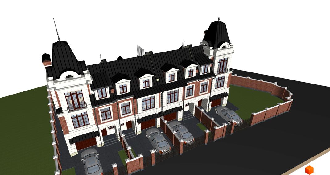 Таунхаус Манчестер: триповерхові будинки з мансардними вікнами, цегляними фасадами та чорними дахами. Прибудинкова територія огороджена цегляним парканом з білими стовпами, на території є зелена зона та паркувальні місця з автомобілями.