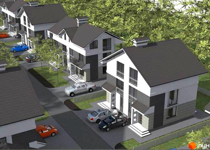 Зовнішній вигляд житлового комплексу на вул. Виставкова з сучасними будинками та автомобілями на прибудинковій території. Фото новобудови.