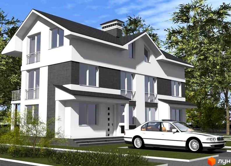 Сучасний двоповерховий будинок з темною цегляною обробкою та балконами. Прибудинкова територія з доглянутим газоном та білим седаном.