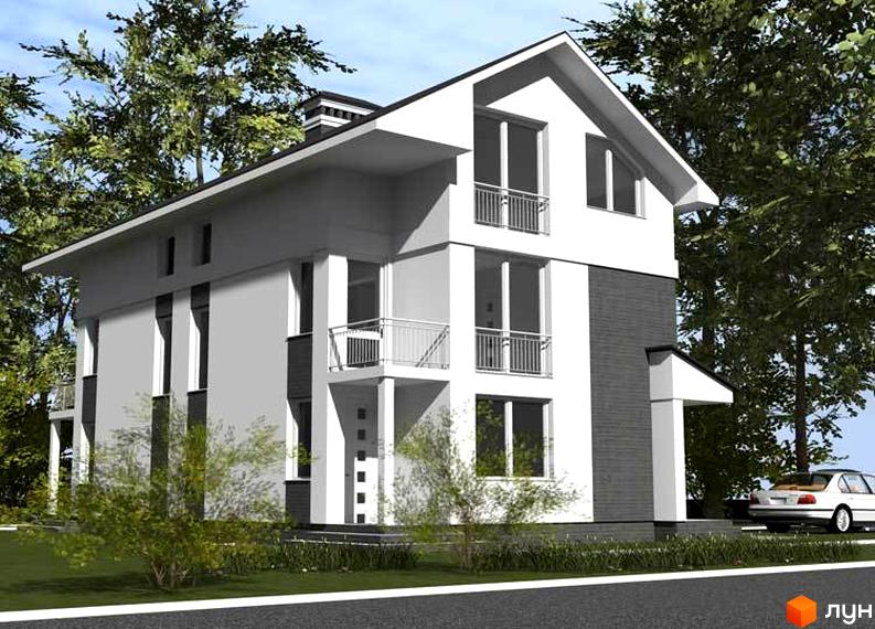 Сучасна двоповерхова новобудова з балконами та великими вікнами, розташована серед дерев. Поруч видно автомобіль та зелену галявину.