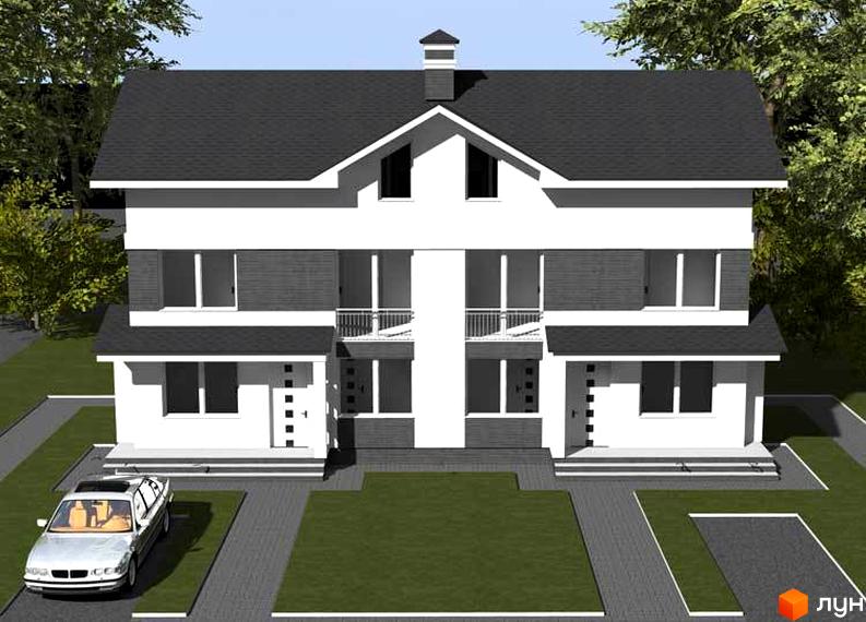 Двоповерхова новобудова з темним дахом та білими стінами, розташована на зеленій ділянці з доглянутими доріжками та автомобілем.