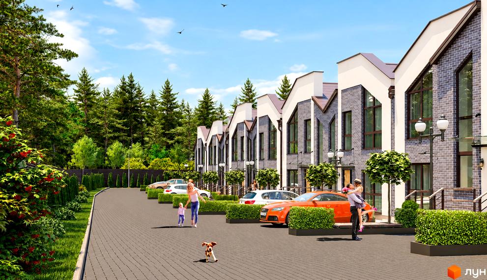 Таунхауси Family Town з цегляними фасадами та прибудинковою територією з парковкою і пішохідною зоною.
