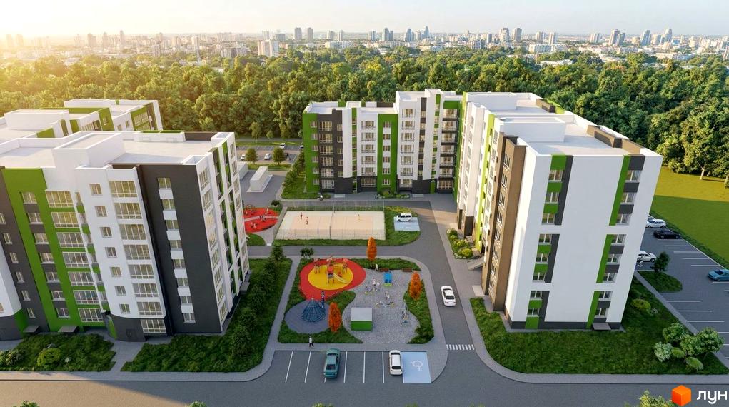 Багатоповерхові будинки з білими та сірими фасадами і зеленими елементами, облаштований дитячий майданчик та парковка.